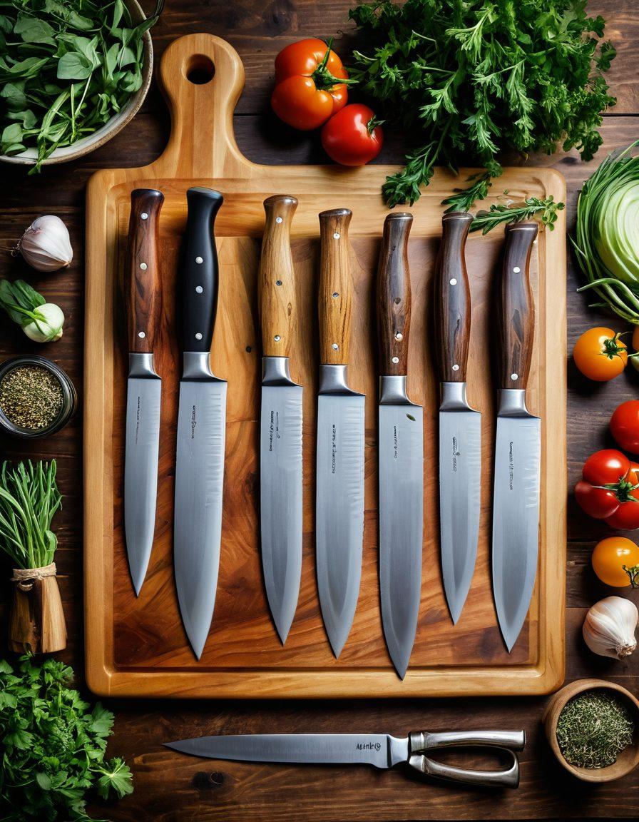 A beautifully arranged display of high-quality kitchen and outdoor knives on a wooden cutting board, with maintenance tools like honing steels and oil beside them. The background features a rustic kitchen or outdoor setting, with fresh herbs and vegetables to emphasize the culinary aspect. Include a soft glow to highlight the shiny blades and wooden textures. super-realistic. vibrant colors. rustic style.