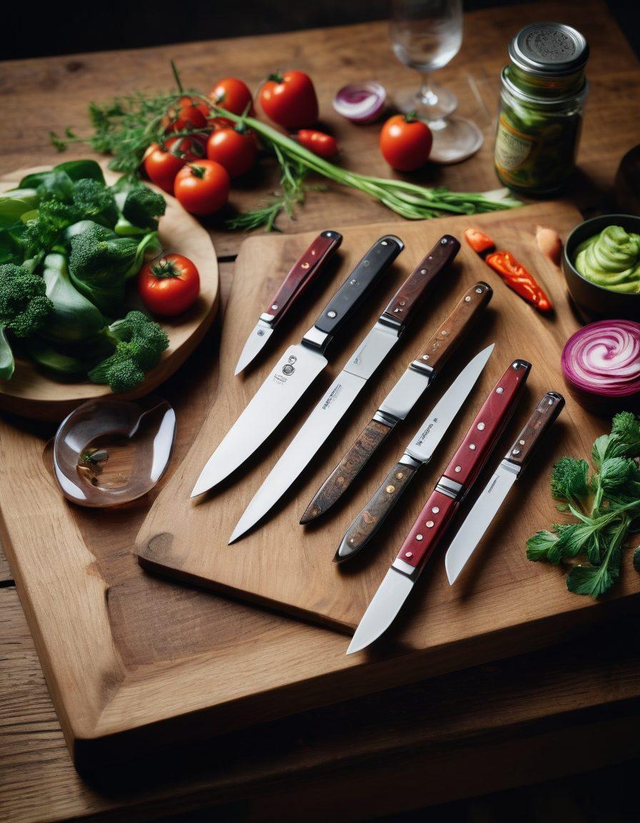 A beautifully arranged display of various Victorinox cutlery pieces on a rustic wooden table, showcasing the precision and craftsmanship of each knife. In the background, an open chef's cookbook with vibrant images of gourmet dishes, along with fresh vegetables and herbs scattered around, creating a culinary atmosphere. The lighting is warm and inviting, highlighting the gleam of the polished knives. super-realistic. vibrant colors. rustic style.