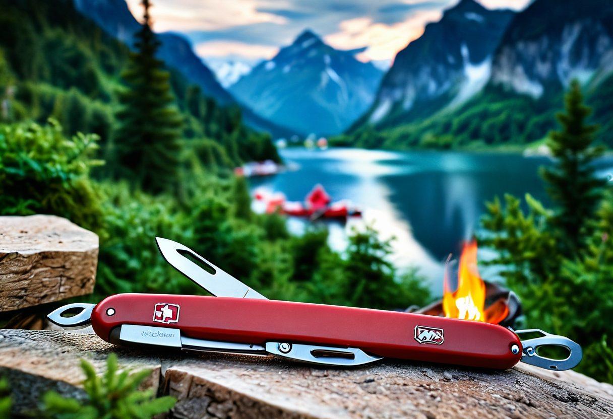 A stunning Swiss landscape showcasing a serene campsite with a campfire, surrounded by lush greenery and majestic mountains. A beautifully designed Victorinox Swiss knife and multitool are prominently displayed in the foreground, highlighting their intricate details and multifunctional features. The image conveys versatility, adventure, and the great outdoors. super-realistic. vibrant colors. soft focus.